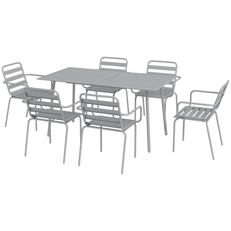 Outsunny Set de Masa de Gradina cu 7 Piese, Masa de Exterior si 6 Scaune Stivuibile, Masa cu Blat de Metal, Gri Deschis