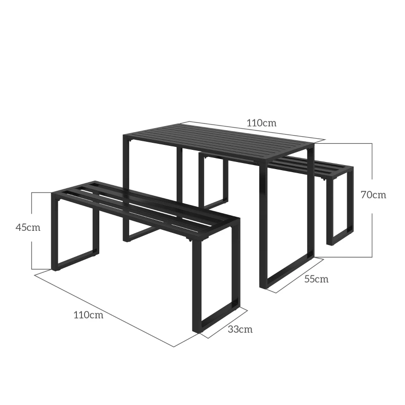 Outsunny Set da Pranzo, 3 Pezzi, 2 Panche e 1 Tavolino, per 4 Persone, in Metallo, Nero