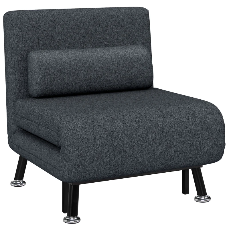 HOMCOM Fotoliu Pat 3 în 1 cu Spătar Reglabil pe 5 Nivele și Pernă, Canapea Pat Pliabilă, 75x70x75 cm, Gri Închis(m-11)
