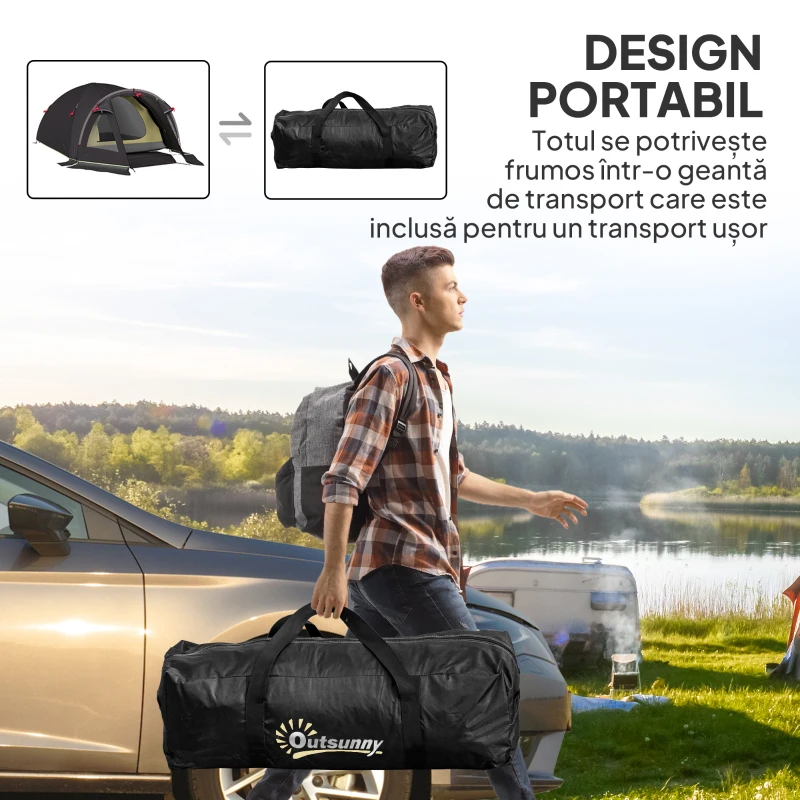 Outsunny Cort de Camping pentru 2-4 Persoane cu 2 Camere, Ușă, Ferestre și Geantă, 330x190x120 cm, Negru