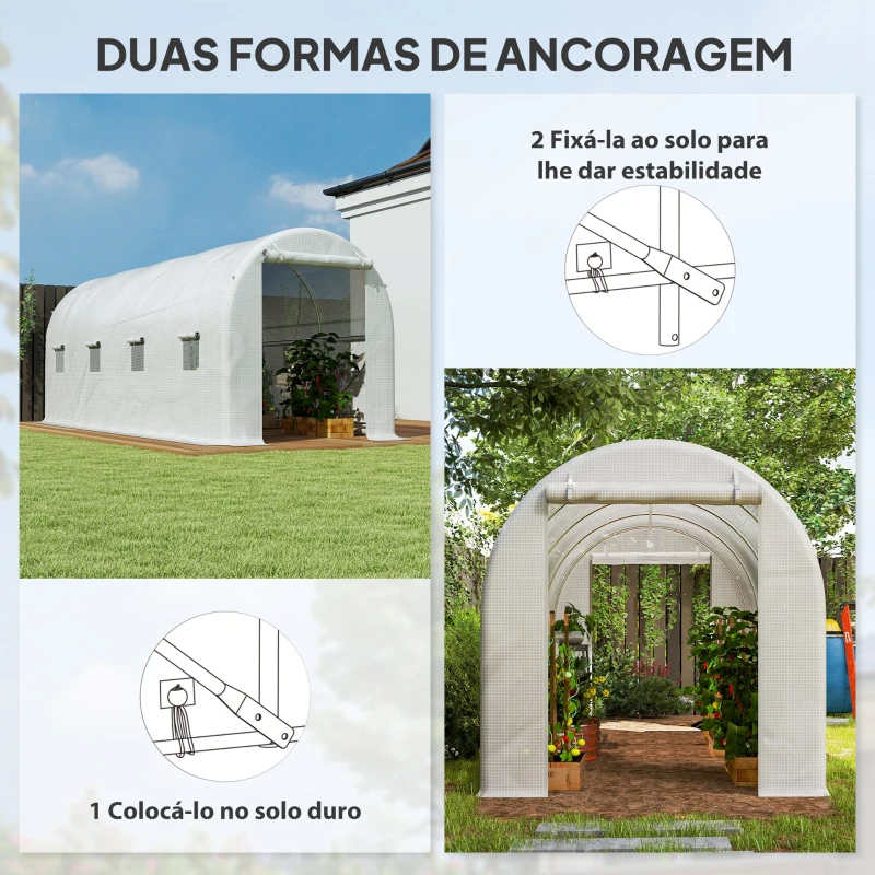 Outsunny Estufa tipo Túnel 500x200x205 cm Estufa de Jardim com Porta Enrolável e 8 Janelas Cobertura de PE 140 g/m² Branco