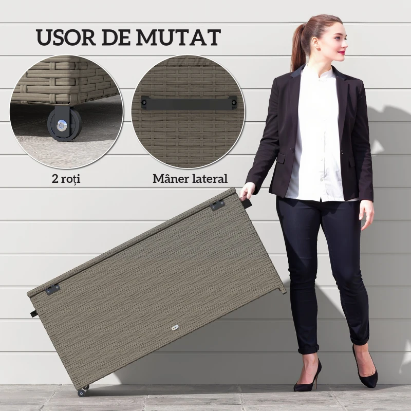 Outsunny Cufăr de Exterior de 184L din Ratan PE cu Roți, Mâner și Căptușeală Interioară Impermeabilă, 102x52x52 cm, Gri