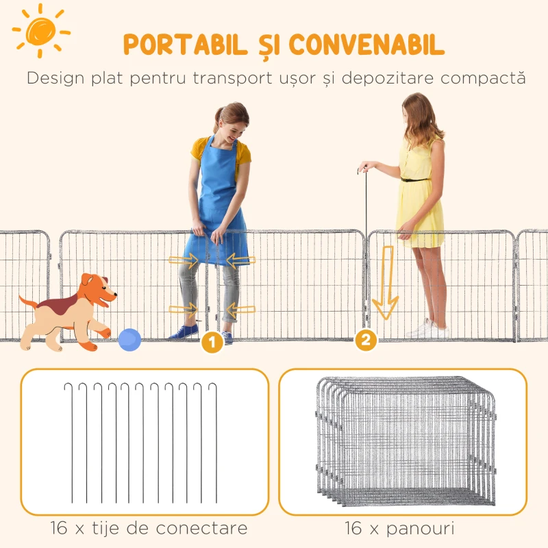 PawHut Tarc pentru Animale Domestice cu 16 Panouri Modulare din Otel, 80x60x1.5cm, Negru