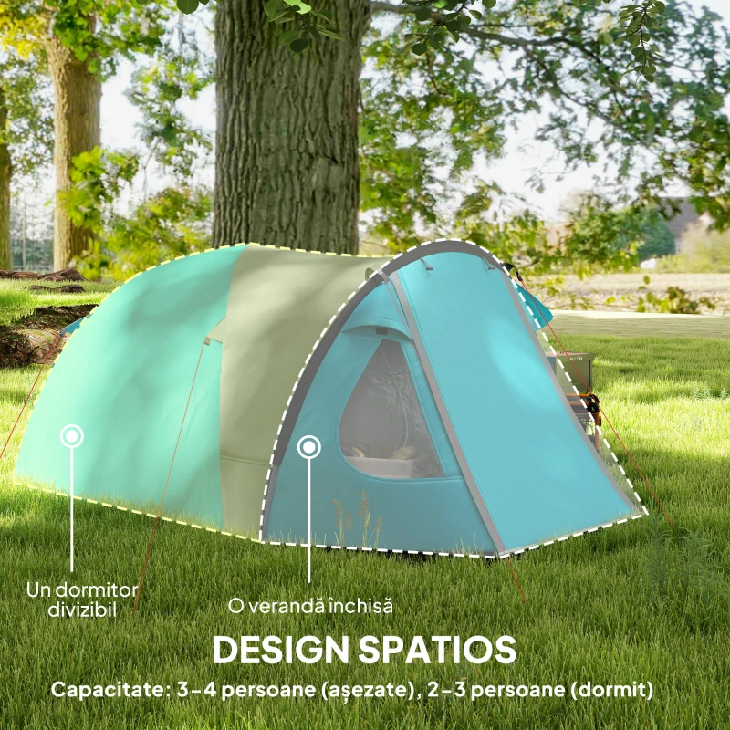 Outsunny Cort de Camping pentru 3 Persoane cu Cameră, Verandă, și Geantă de Transport, 3.23x2.48x1.5 m, Albastru(m-4)