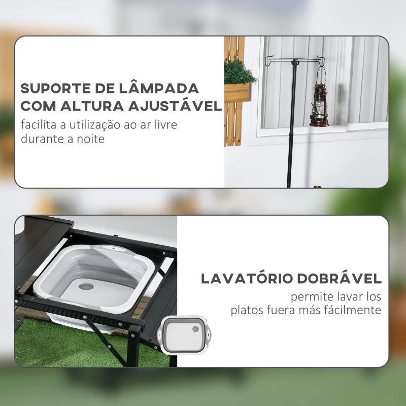 Outsunny Mesa de Campismo de 3 Níveis Dobrável com Prateleiras de Armazenamento Suporte para Candeeiro e Bolsa de Transporte 173x52x80-174 cm Preto