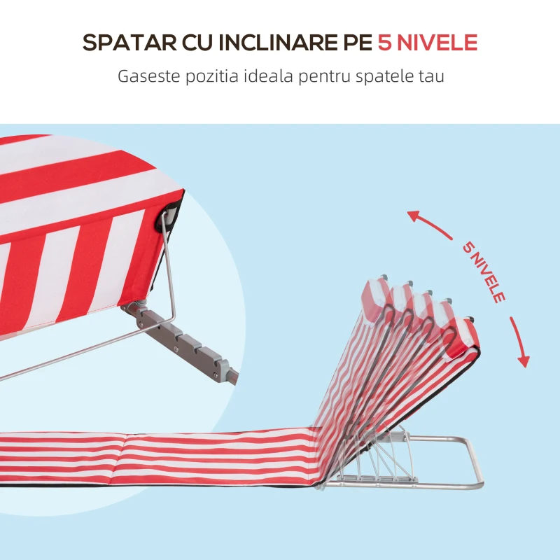 Outsunny Set 2 Șezlonguri de Plajă cu Spătar Reglabil în 5 Poziții, Tetieră și Geantă de Transport, 124x53x45 cm, Roșu