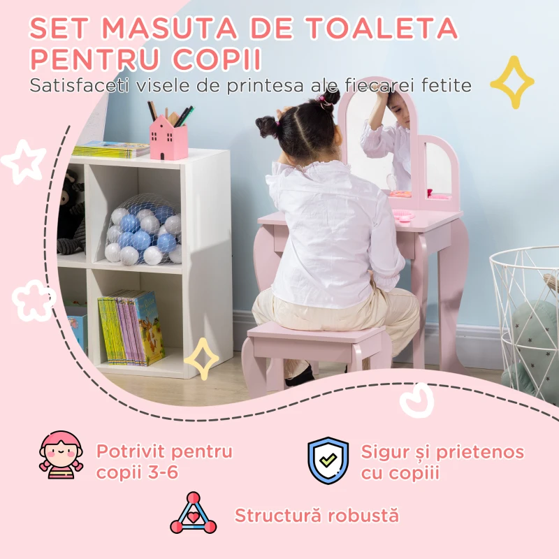 Homcom Masa Machiaj pentru Copii – Oglinda, Taburet & Sertar (3-6 Ani)