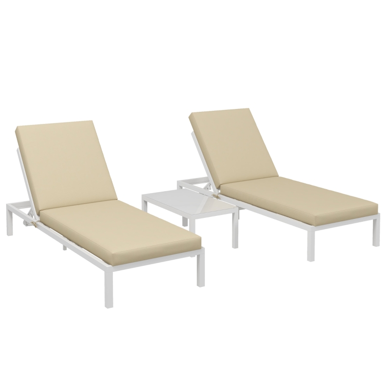 Outsunny Set de 2 Sezlonguri de Terasa cu Perna, Set de Pat Rabatabil de Exterior cu 5 Niveluri Reglabile cu Masa cu Blat de Sticla(m-10)