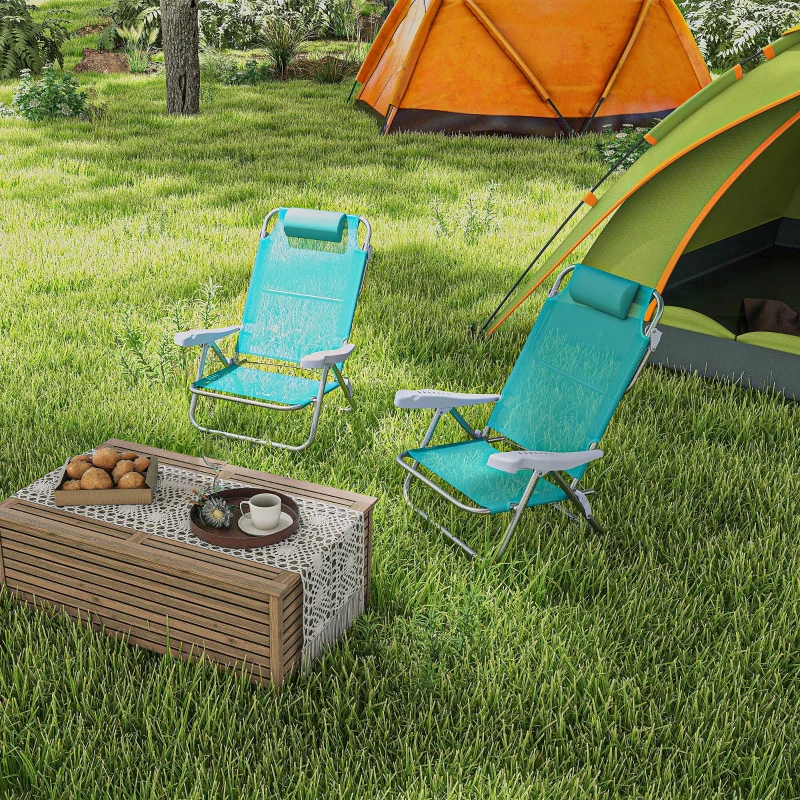 Outsunny Set 2 Scaune de Camping Pliabile cu Tetieră Căptușită și Spătar Reglabil în 6 Poziții, 62x65x80 cm, Albastru