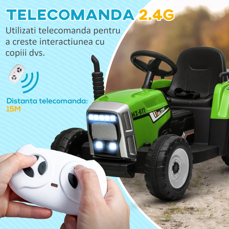 HOMCOM Tractor Electric cu Remorca Detasabila, Masinuta Electrica pe Baterii de 12V pentru Copii, cu Telecomanda, Sunet de Pornire, cu Muzica si Claxon, Lumini, pentru Varste intre 3-6 ani - Verde(m-5)