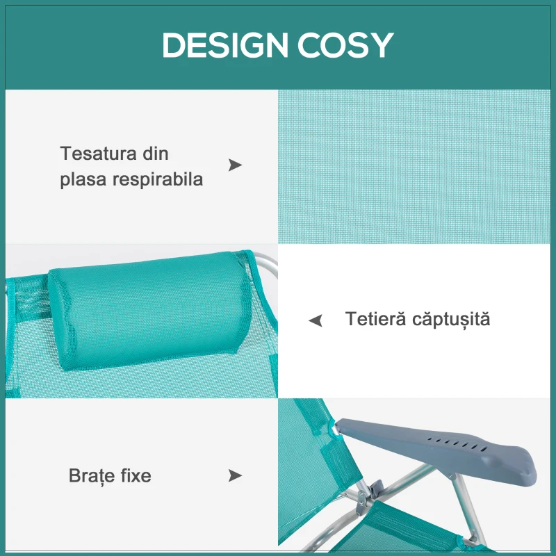 Outsunny Set 2 Scaune de Camping Pliabile cu Tetieră Căptușită și Spătar Reglabil în 6 Poziții, 62x65x80 cm, Albastru