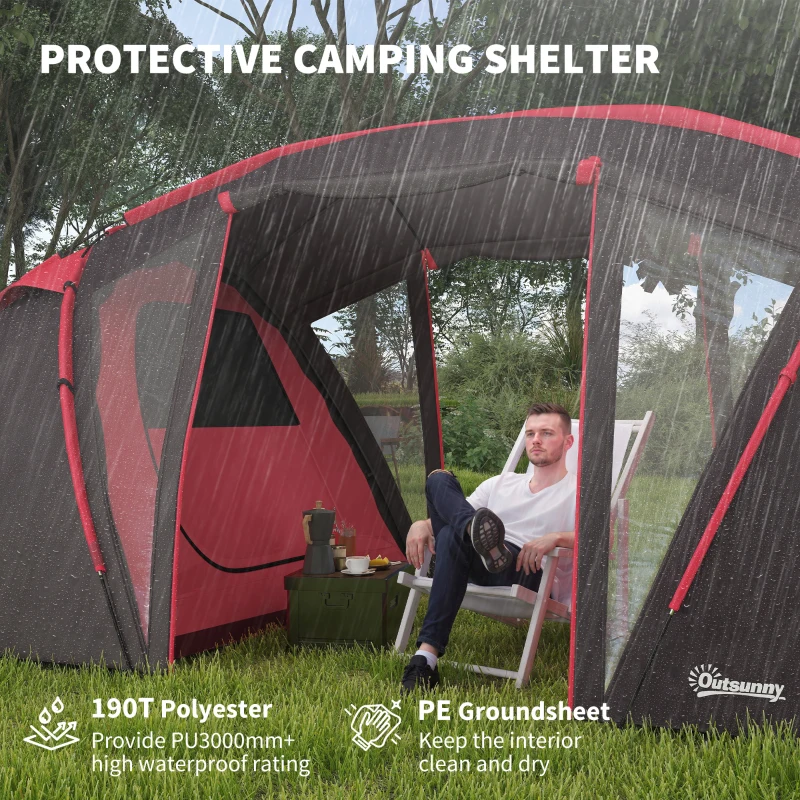Outsunny 4-6 Man Family Camping Tent w/ 2 Bedrooms and a Living Room, Waterproof Tunnel Tent w/ Sewn In Groundsheet, Doors, Windows, Carry Bag, Grey