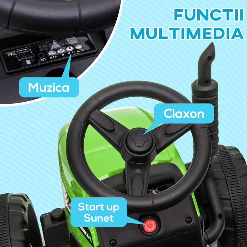 HOMCOM Tractor Electric cu Remorca Detasabila, Masinuta Electrica pe Baterii de 12V pentru Copii, cu Telecomanda, Sunet de Pornire, cu Muzica si Claxon, Lumini, pentru Varste intre 3-6 ani - Verde(m-6)