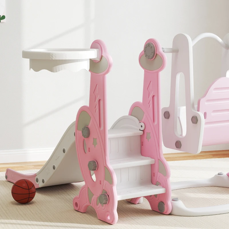 AIYAPLAY Escorrega Infantil 4 em 1 Parque Infantil com Baloiço e Escorrega Escalador Cesto de Basquetebol 147,5x160x107 cm Rosa