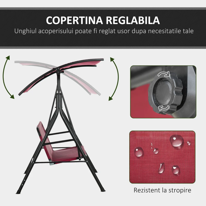 Outsunny Balansoar de Grădină cu 3 Locuri, Copertină Parasolar Reglabilă și Șezut Respirabil, 172x110x153 cm, Roșu Vin