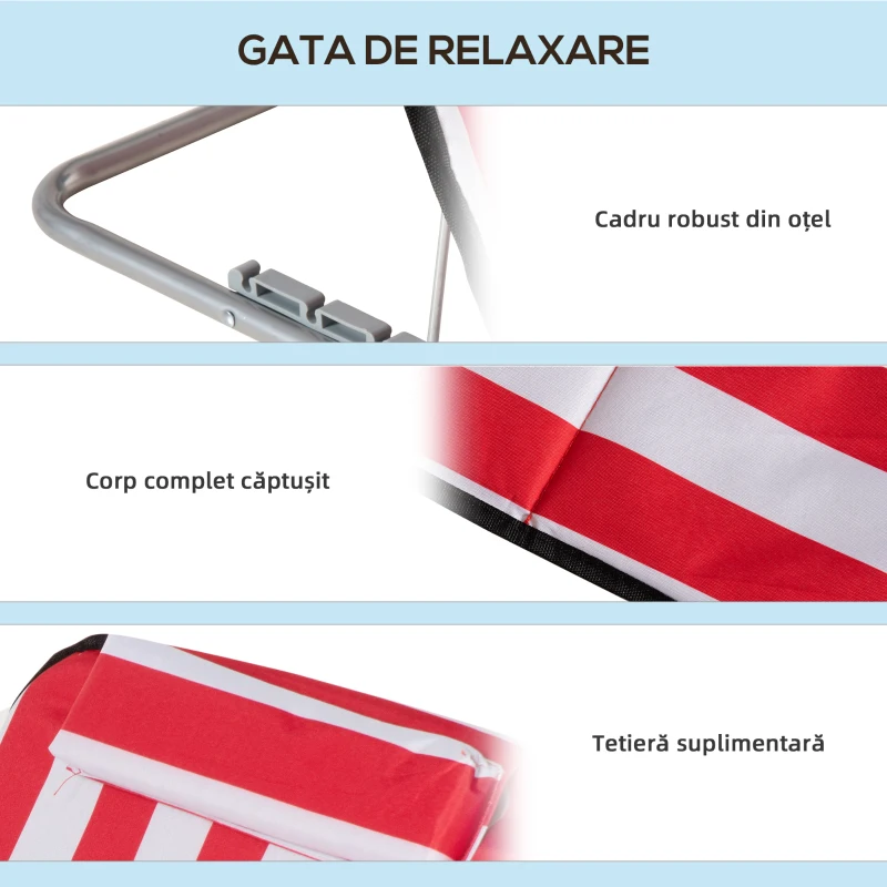 Outsunny Set 2 Șezlonguri de Plajă cu Spătar Reglabil în 5 Poziții, Tetieră și Geantă de Transport, 124x53x45 cm, Roșu