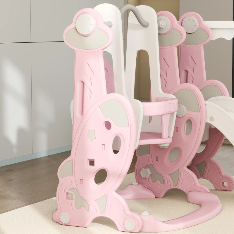 AIYAPLAY Escorrega Infantil 4 em 1 Parque Infantil com Baloiço e Escorrega Escalador Cesto de Basquetebol 147,5x160x107 cm Rosa