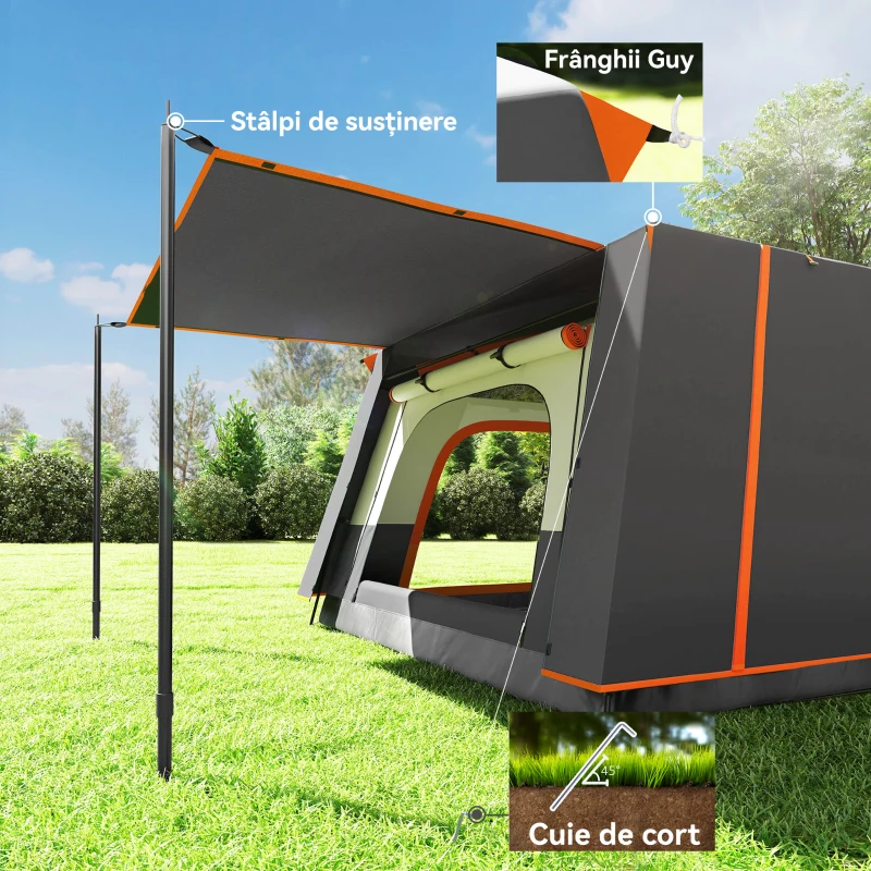 Outsunny Cort de Camping pentru 4-6 Persoane cu 2 Camere, Verandă și Geantă de Transport, 430x305x195 cm, Gri