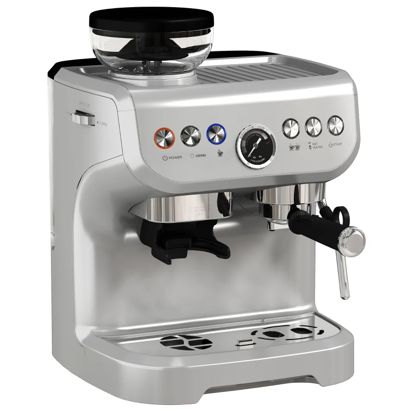 HOMCOM 15 Bar Coffee Machine, with Adjustable Grind, Steamer and Accessories - Silver Colour