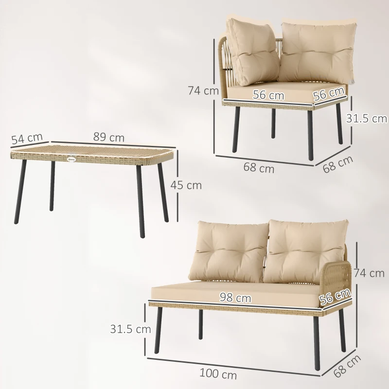Outsunny Set de Mobilier de Grădină din 4 Piese cu 2 Canapele, Fotoliu de Colț și Măsuță de Cafea, 100x68x74 cm, Bej(m-3)