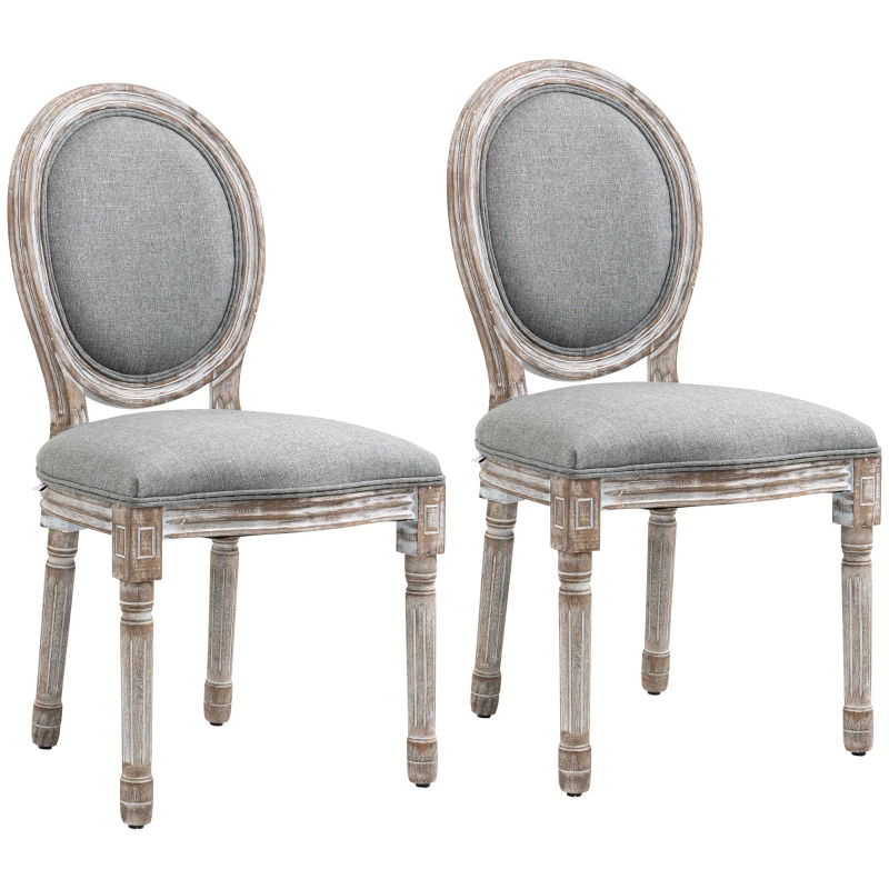 HOMCOM Set de 2 Scaune Vintage Fără Brațe, Scaune în Stil Franțuzesc cu Spătar Curbat și Tapițerie din In, 51x55x96, Gri