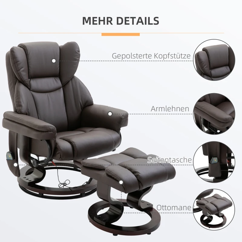 HOMCOM Relaxsessel mit Hocker, 360°drehbarer Fernsehsessel mit Massage, Liegefunktion, Massagesessel mit Seitentasche, Liegesessel, Kunstleder für Wohnzimmer Braun