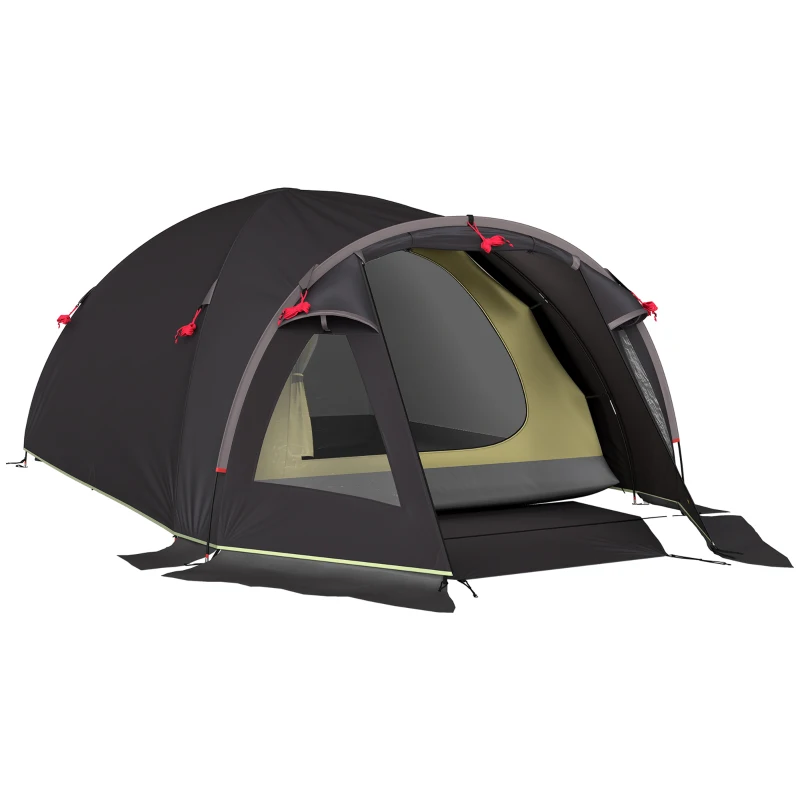 Outsunny Cort de Camping pentru 2-4 Persoane cu 2 Camere, Ușă, Ferestre și Geantă, 330x190x120 cm, Negru