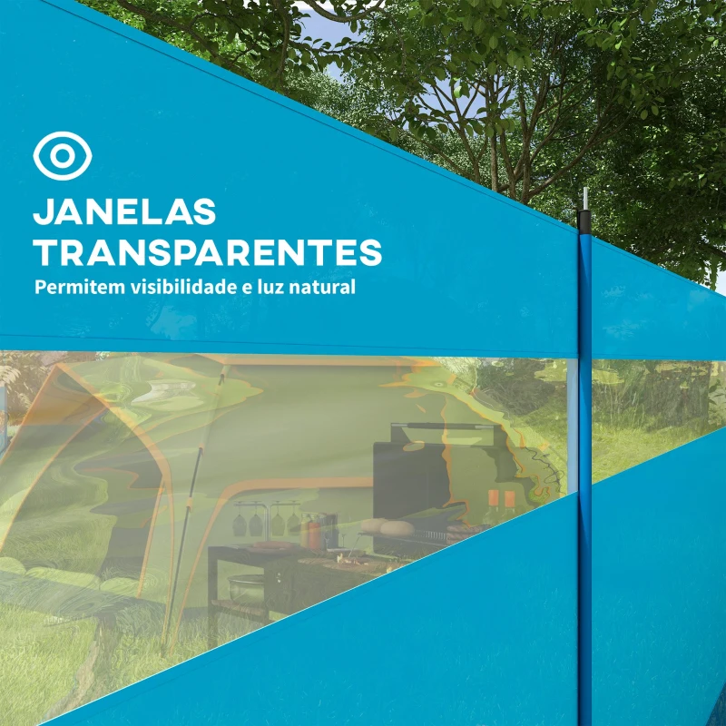 Outsunny Corta Vento para Campismo de 4 Painéis 725x140 cm com Painel Superior Transparente Postes de Aço Estacas e Bolsa de Transporte Azul