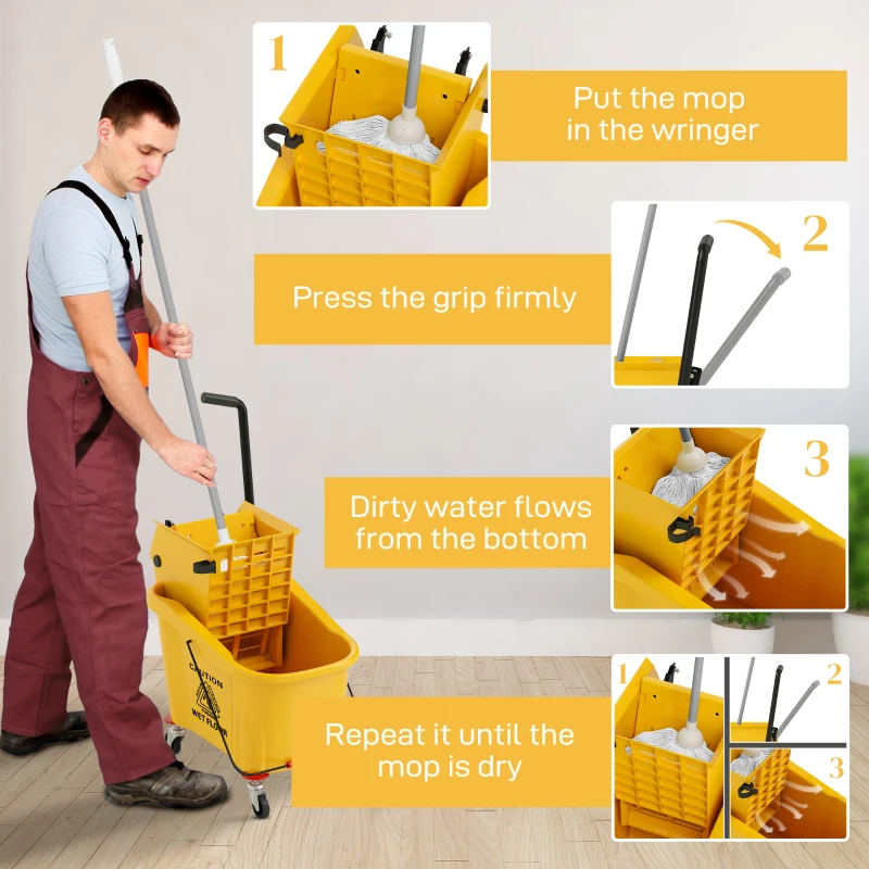 HOMCOM Cărucior de Curățenie Profesional de 36L cu Găleată pentru Mop, Storcător și Mâner, 55x37x65 cm, Galben