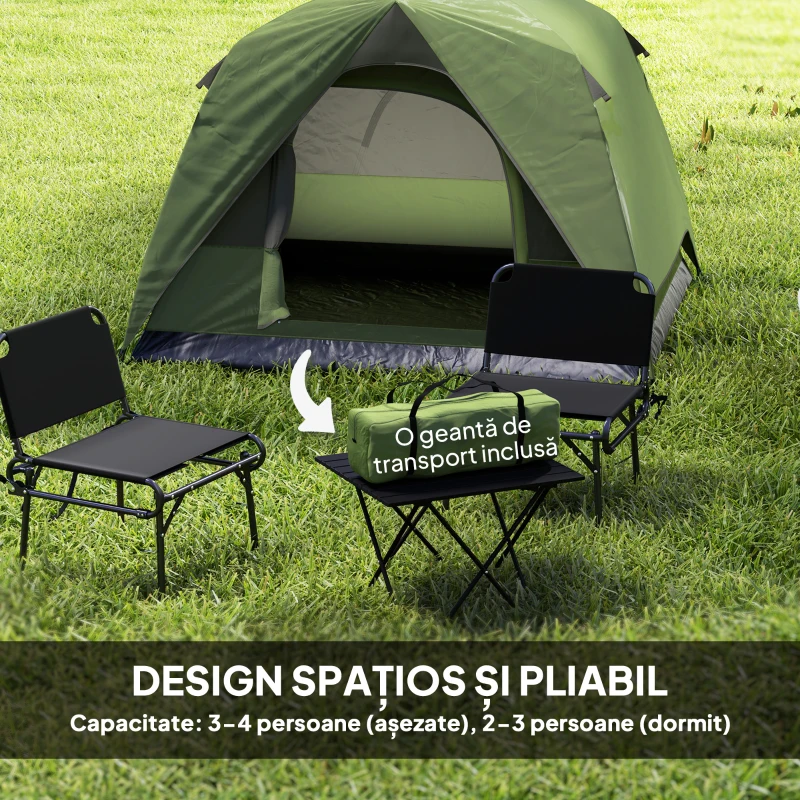 Outsunny Cort de Camping pentru 3 Persoane cu Buzunare și Geantă de Transport, 200x200x135 cm, Verde