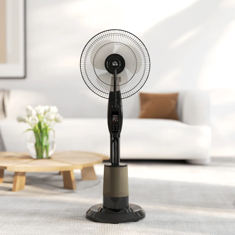 HOMCOM Ventoinha de Pé com Nebulizador 75 W Temporizador Depósito de 3,2L Controlo Remoto 3 Velocidades 3 Hélices e Ecrã LED Ø44,5 cm Preto