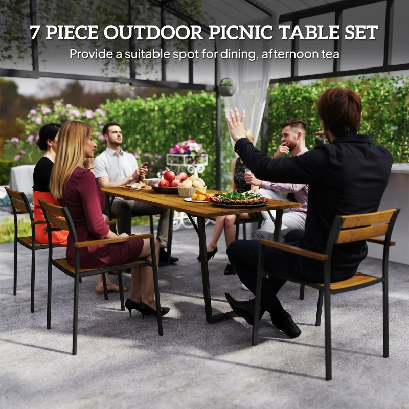 Outsunny Seven-Piece Wood Panel Patio Dining Set - Brown/Black