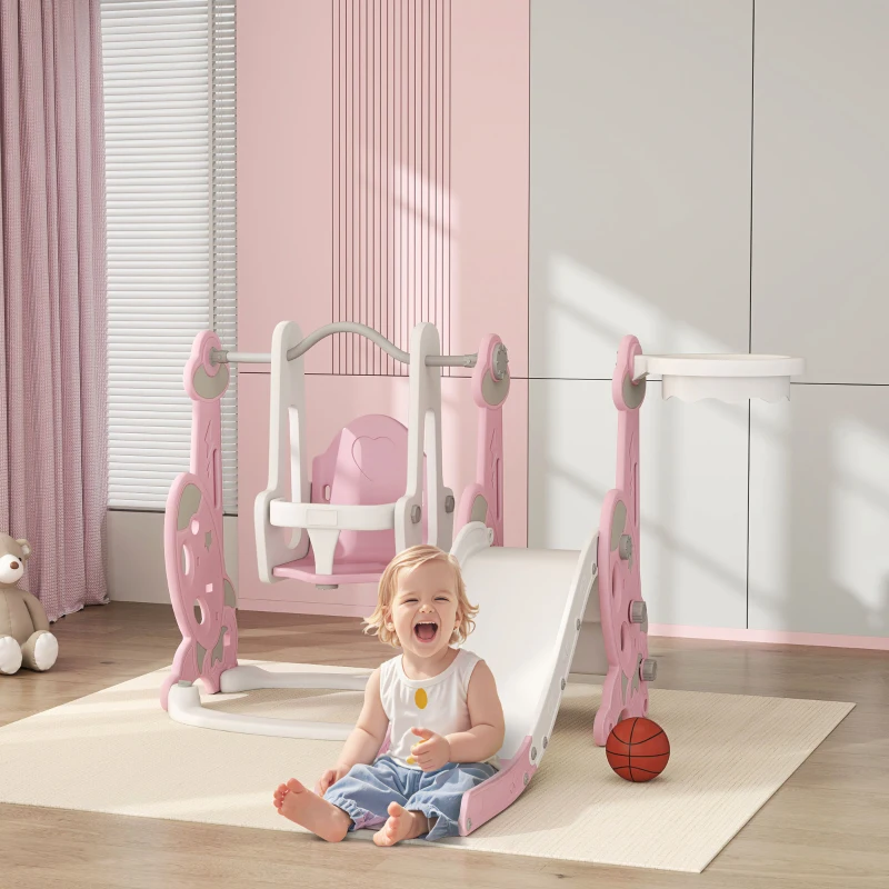 AIYAPLAY Escorrega Infantil 4 em 1 Parque Infantil com Baloiço e Escorrega Escalador Cesto de Basquetebol 147,5x160x107 cm Rosa