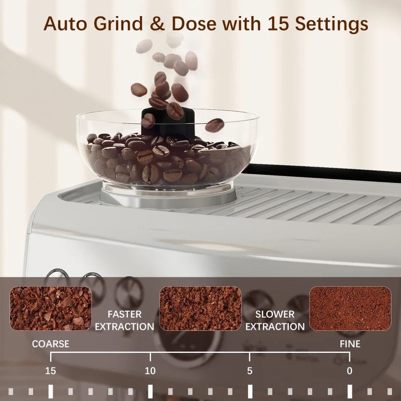 HOMCOM 15 Bar Coffee Machine, with Adjustable Grind, Steamer and Accessories - Silver Colour