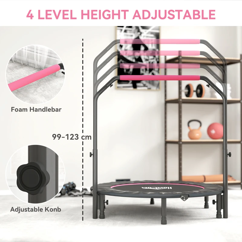 HOMCOM 48" Foldable Mini Fitness Trampoline, with Adjustable Foam Handle, Pink