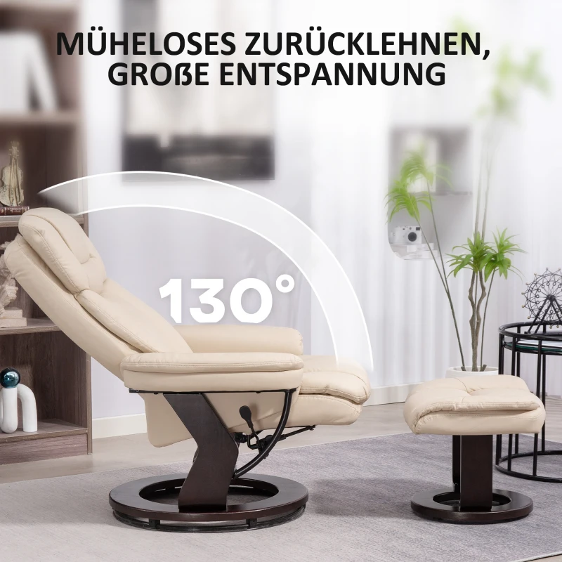 HOMCOM Relaxsessel mit Fußhocker, Verstellbarer Sessel, Kunstleder-Bezug, Polstersessel mit klappbarer Rückenlehne, Cremeweiß