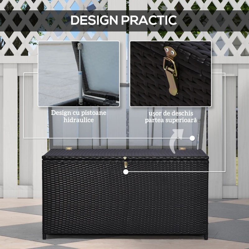 Outsunny Cufăr de Exterior de 284L din Ratan PE cu Pistoane cu Gaz și Cadru Metalic, 118x54x59 cm, Maro Închis