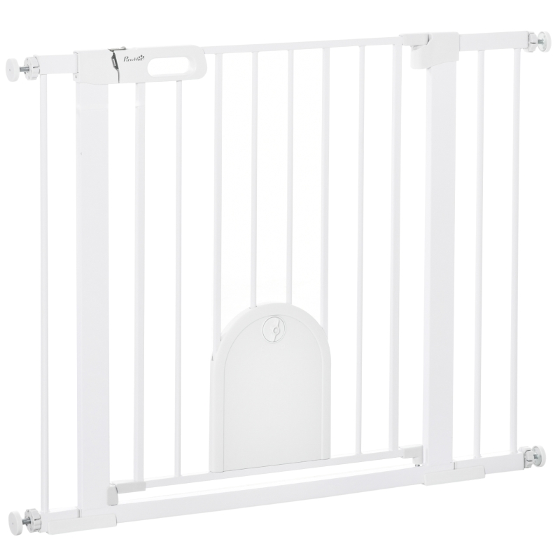 PawHut Barieră Reglabilă pentru Câini cu Ușă Mică și Montare prin Presiunei și Închidere Automată, 75-103x76 cm, Alb