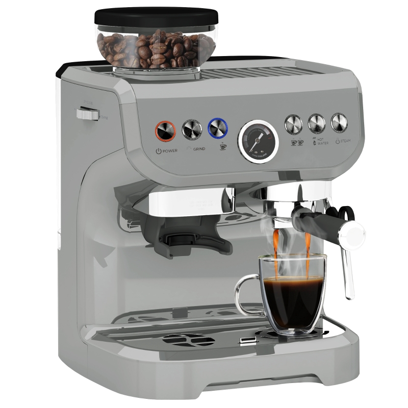 HOMCOM 15 Bar Coffee Machine with 15 Adjustable Grind Setting, Steamer and Complete Kit - Silver Colour