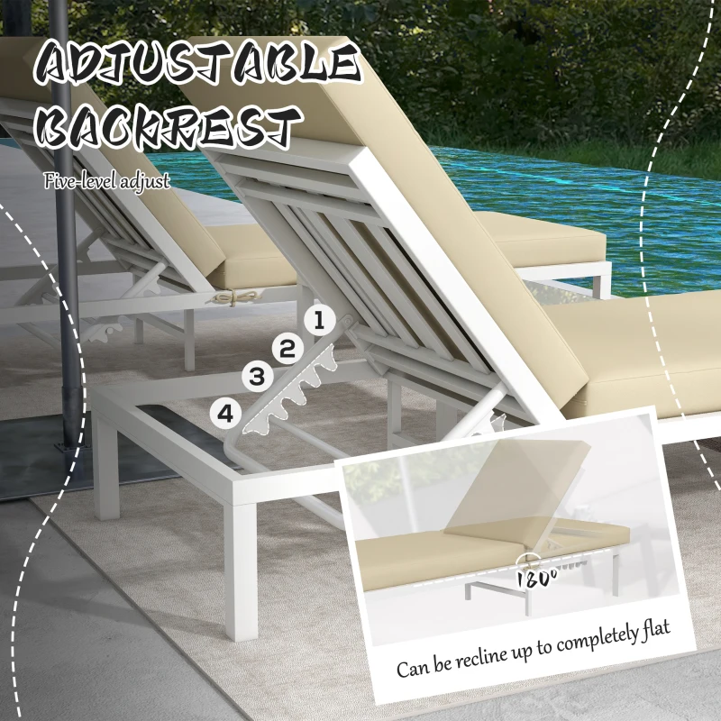 Outsunny Set de 2 Sezlonguri de Terasa cu Perna, Set de Pat Rabatabil de Exterior cu 5 Niveluri Reglabile cu Masa cu Blat de Sticla(m-4)