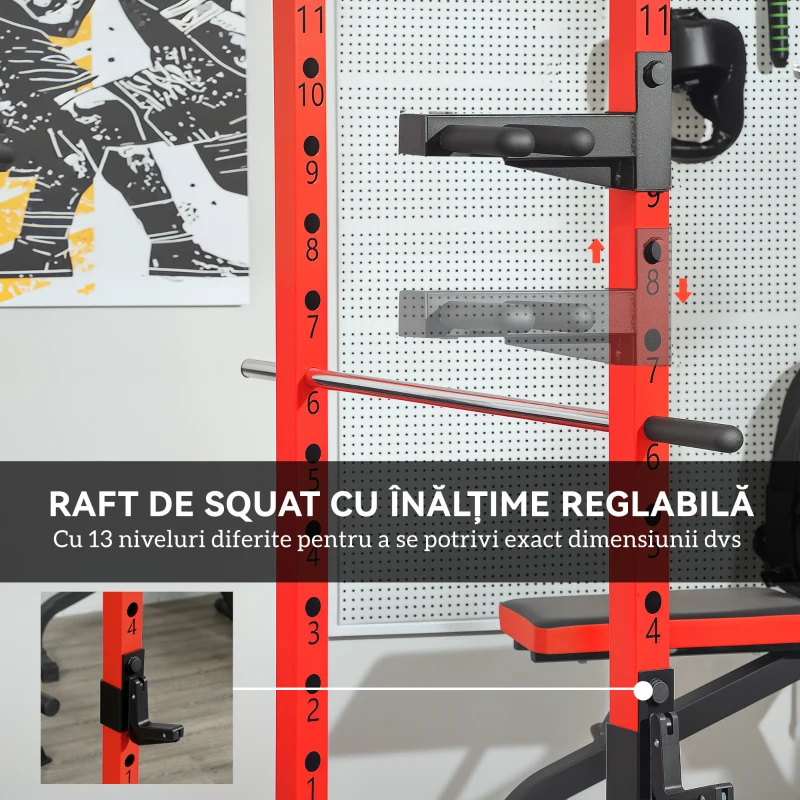 SPORTNOW Stație de Fitness cu Suport pentru Halteră, Discuri și Bară pentru Tracțiuni, 191x153x205 cm, Negru și Roșu
