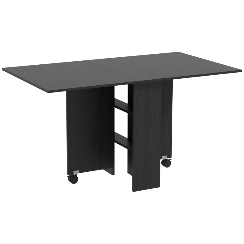 HOMCOM Masă Pliabilă, Masă Rabatabilă pentru 4-6 Persoane cu 2 Rafturi și 2 Roți, din Lemn și Metal, 140x80x74 cm, Negru(m-11)