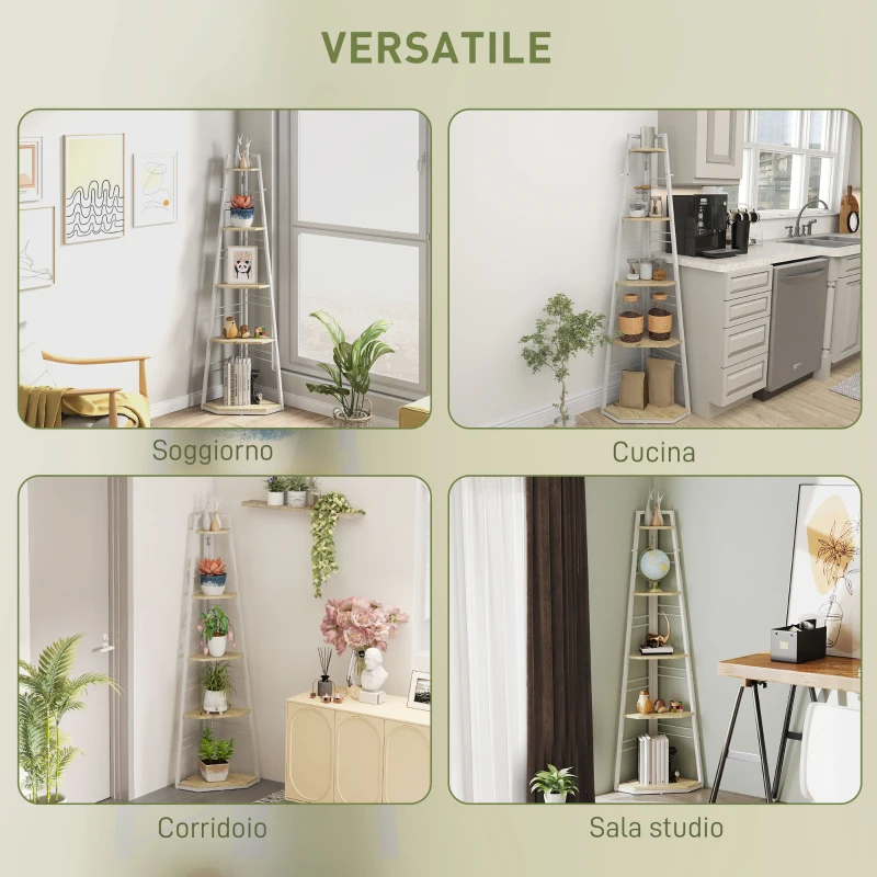 HOMCOM Libreria Angolare a 5 Ripiani con Struttura Pieghevole e Piedini Regolabili, Colore Legno