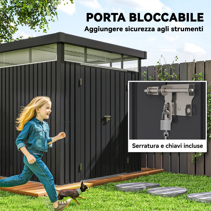 Outsunny Capanno da Giardino con Lucernario in Acrilico e Fori di Drenaggio, in Acciaio, 200x258x201 cm, Grigio Scuro