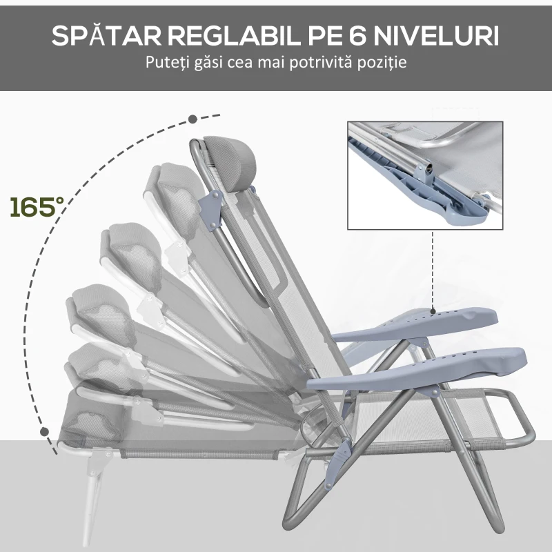 Outsunny Set 2 Scaune de Camping Pliabile cu Tetieră Căptușită și Spătar Reglabil în 6 Poziții, 62x65x80 cm, Gri Deschis
