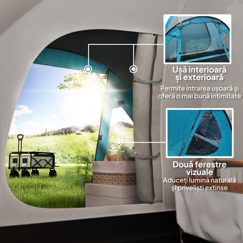 Outsunny Cort de Camping pentru 3 Persoane cu Cameră, Verandă, și Geantă de Transport, 3.23x2.48x1.5 m, Albastru(m-6)