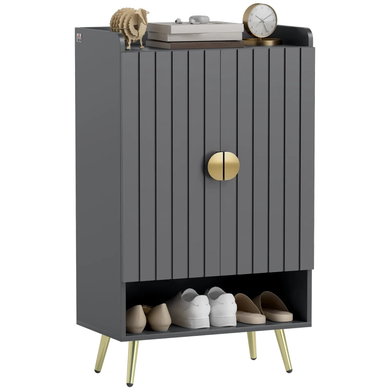 HOMCOM Modern Shoe Cabinet with 2 Doors, Open Shelf and Adjustable Shelves, 15 Pair Hallway Shoe Cupboard, Entryway Storage Unit, Grey