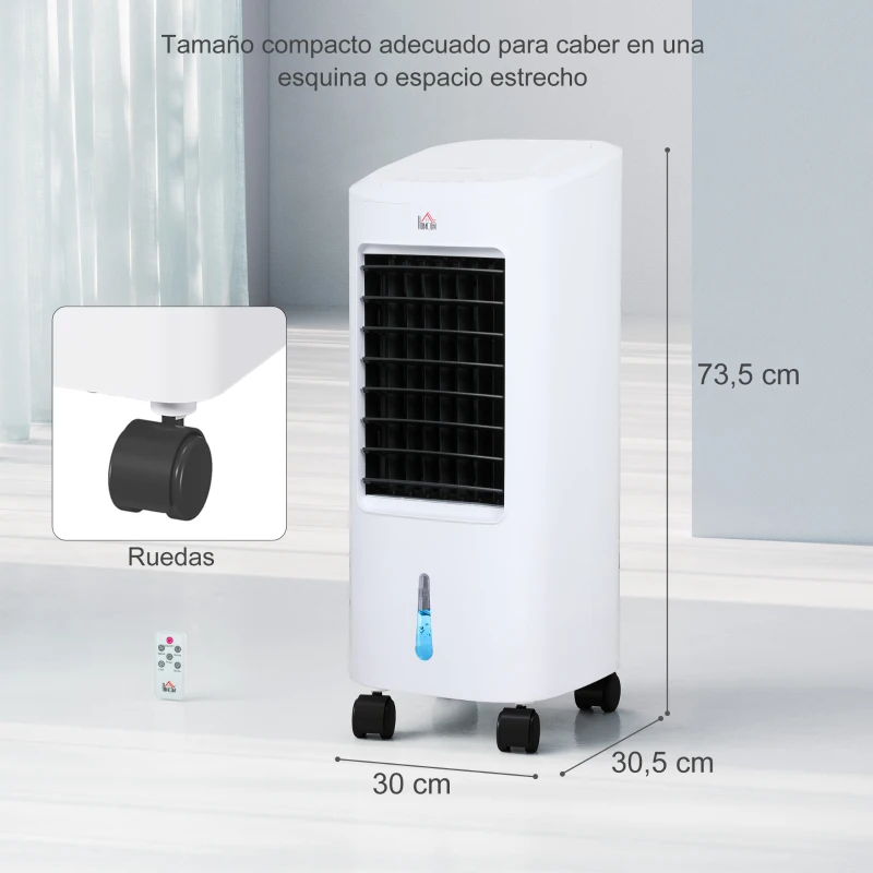 HOMCOM Enfriador de Aire 3 en 1 con Depósito de 7L Modos Ajustables Temporizador Control Remoto y Ruedas 30x30,5x73,5 cm Blanco