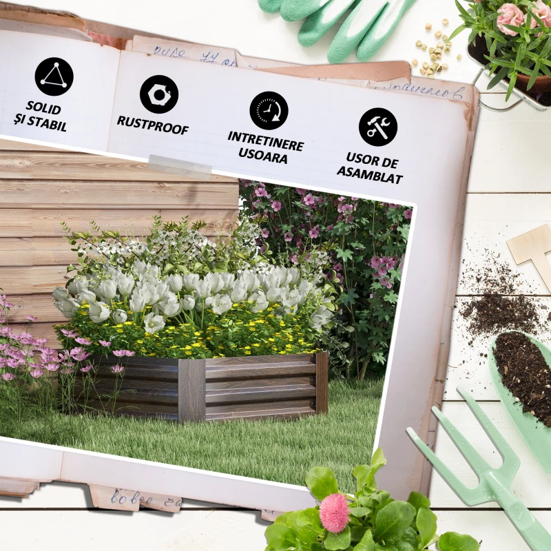 Outsunny Pat Galvanizat Inaltat pentru Gradina, Cutie de Plantare
