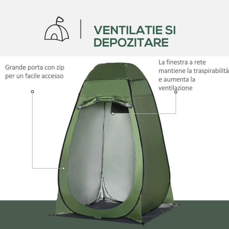 Outsunny Cort de Duș pentru Camping cu Ușă cu Fermoar, Geantă de Transport și Buzunar, 126x124x189 cm, Verde Închis